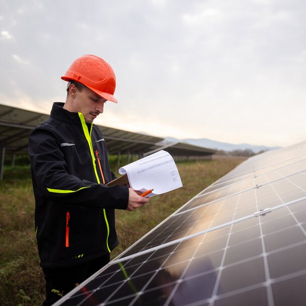 Mitarbeiter an Solaranlage mit Bauplänen in der Hand