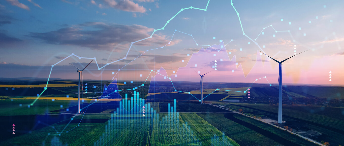 Windkraftanlagen mit überlagerter Energiedaten-Grafik