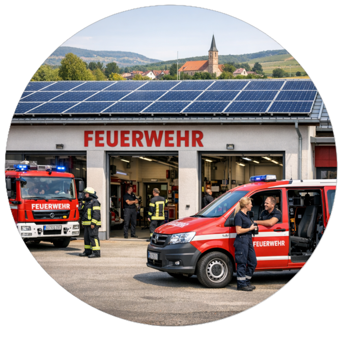 Kommunale Feuerwehr mit PV-Anlage auf dem Dach  | © Bild KI-generiert mit Microsoft Copilot
