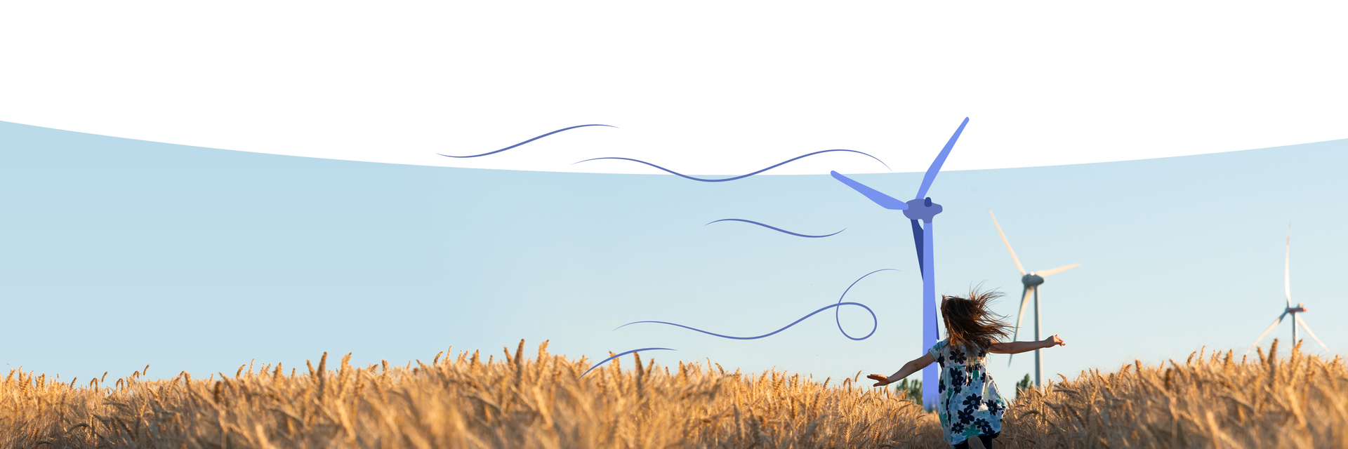Ein Kind läuft durch ein Kornfeld mit Windrad. 