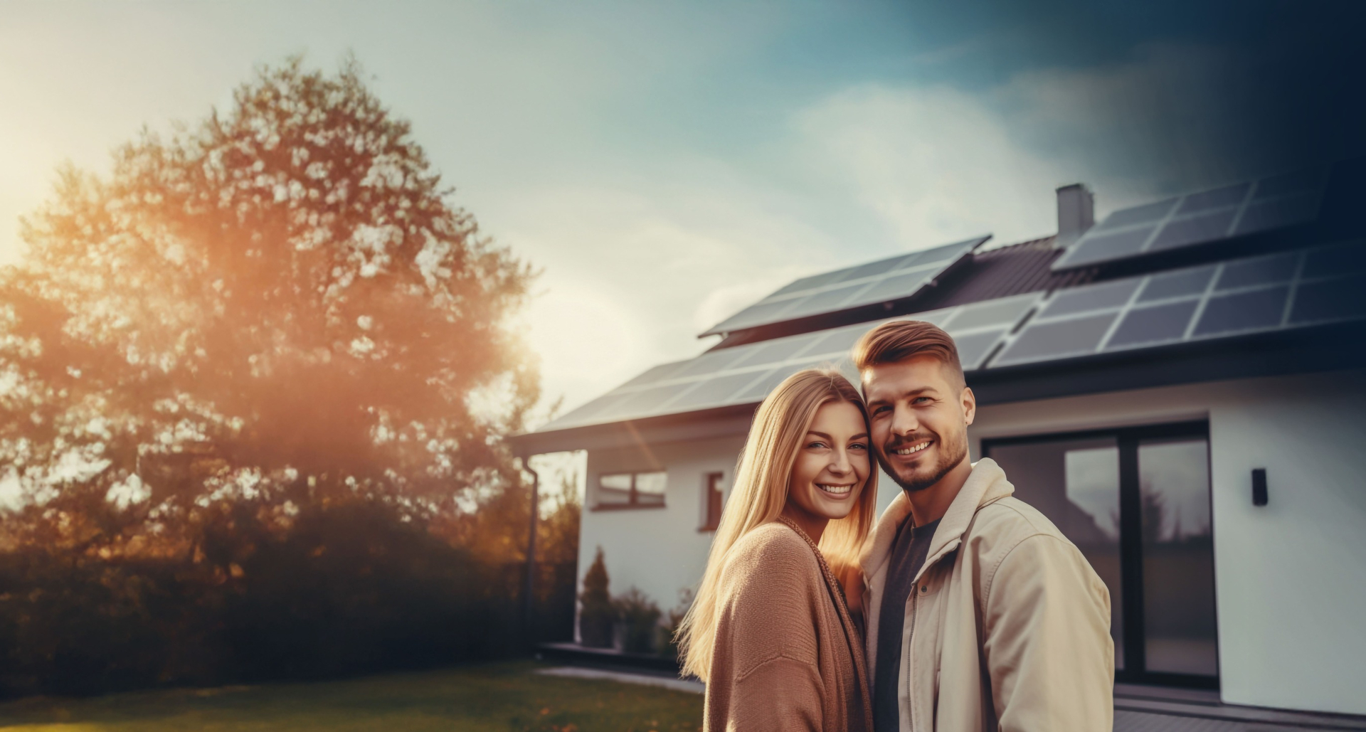Junges Paar vor ihrem Haus mit PV-Anlage auf dem Dach