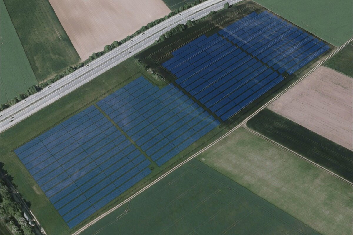 Modell-Bild des neuen PV-Parks der Pfalzwerke in Hettenleidelheim | © Pfalzwerke, ©GeoBasis-DE / LVermGeoRP 2025, dl-de/by-2-0, http://www.lvermgeo.rlp.de